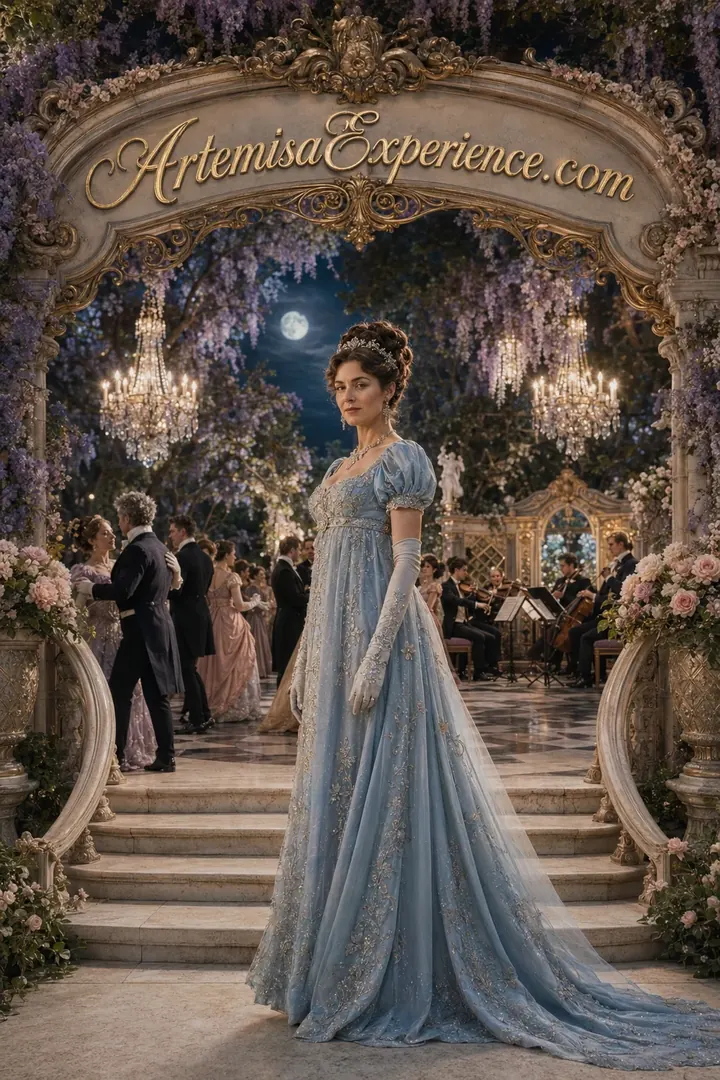 Woman in blue dress at a royal ball with ArtemisaExperience.com