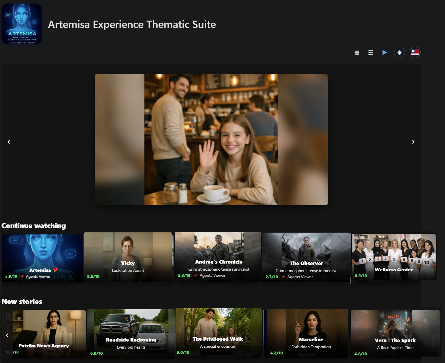 Etkileşimli hikaye ajanlarından oluşan sinematik kütüphaneyi gösteren Artemisa Experience Tematik Suite