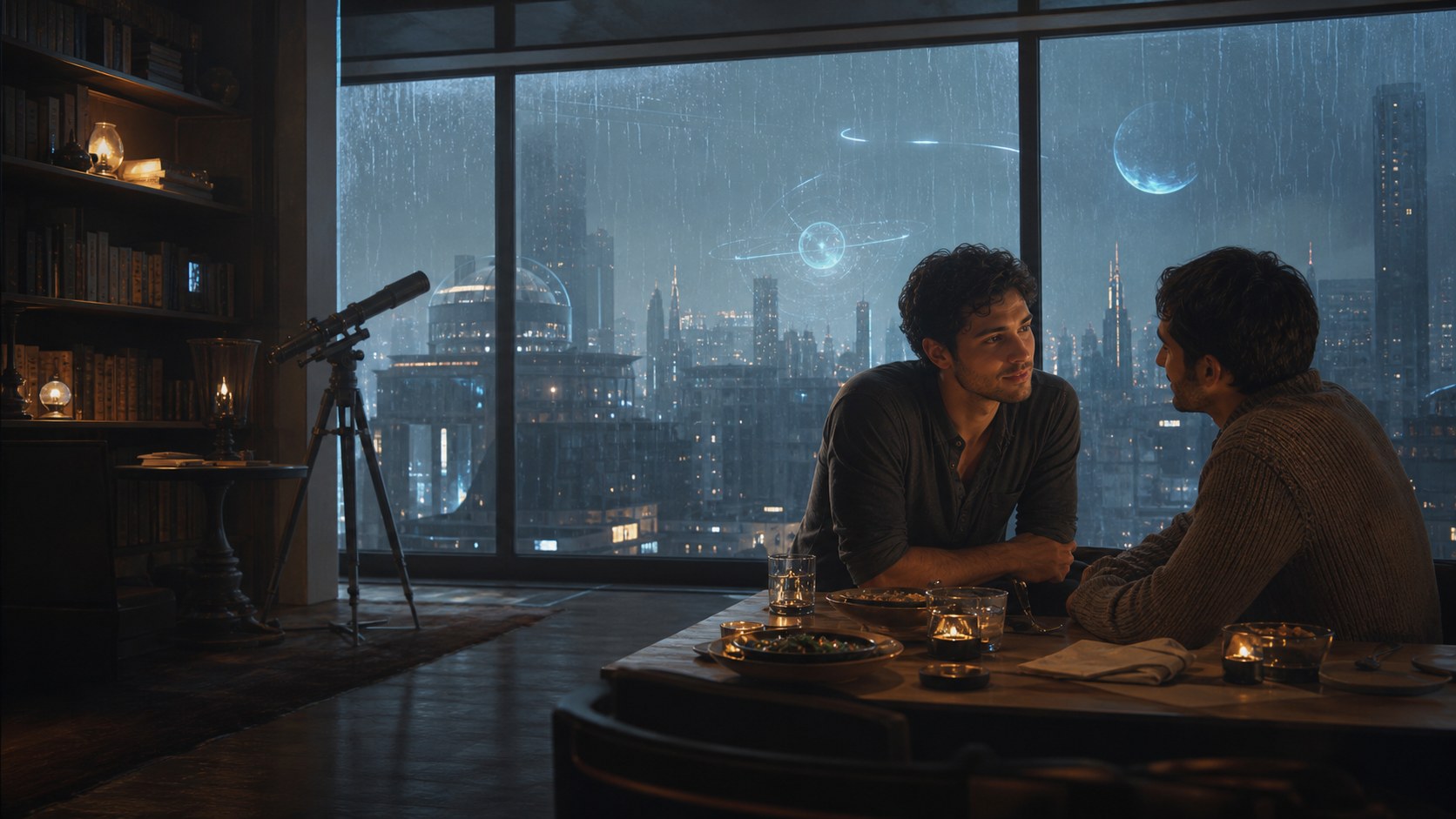 Two adult men sharing an intimate conversation in a futuristic observatory apartment