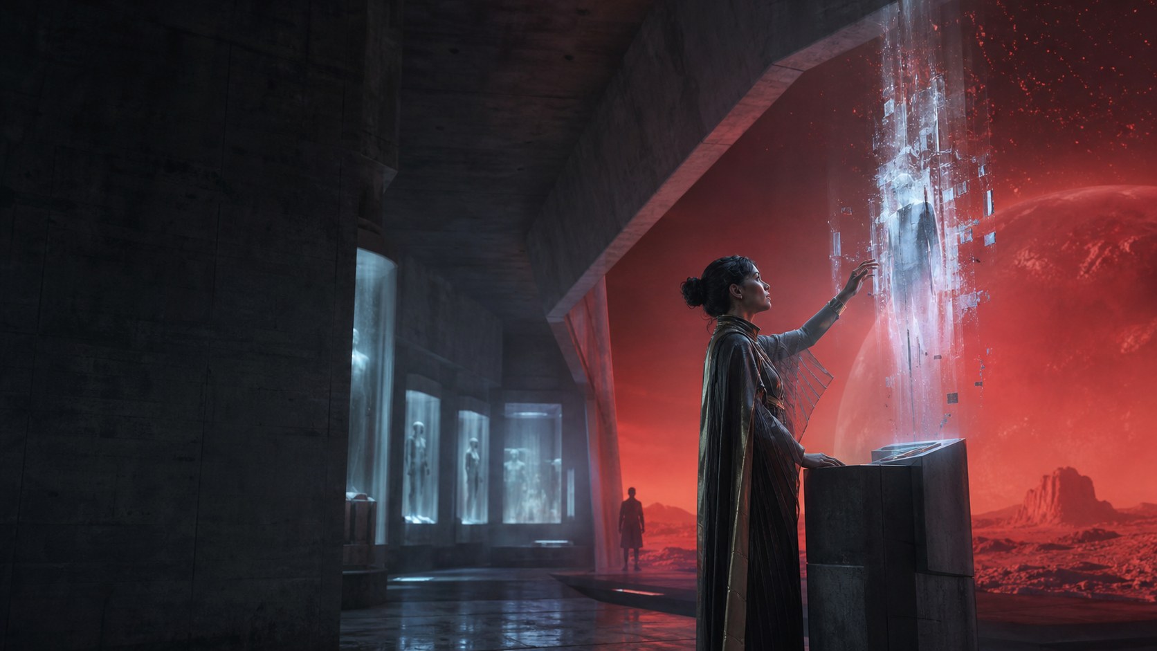 A woman recovering a luminous memory inside a lunar archive above a red planet