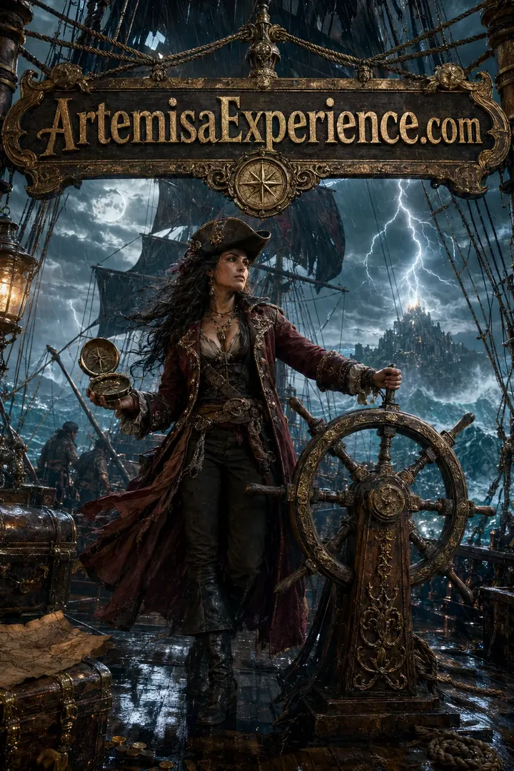 Pirate captain steering a ship during a storm with ArtemisaExperience.com