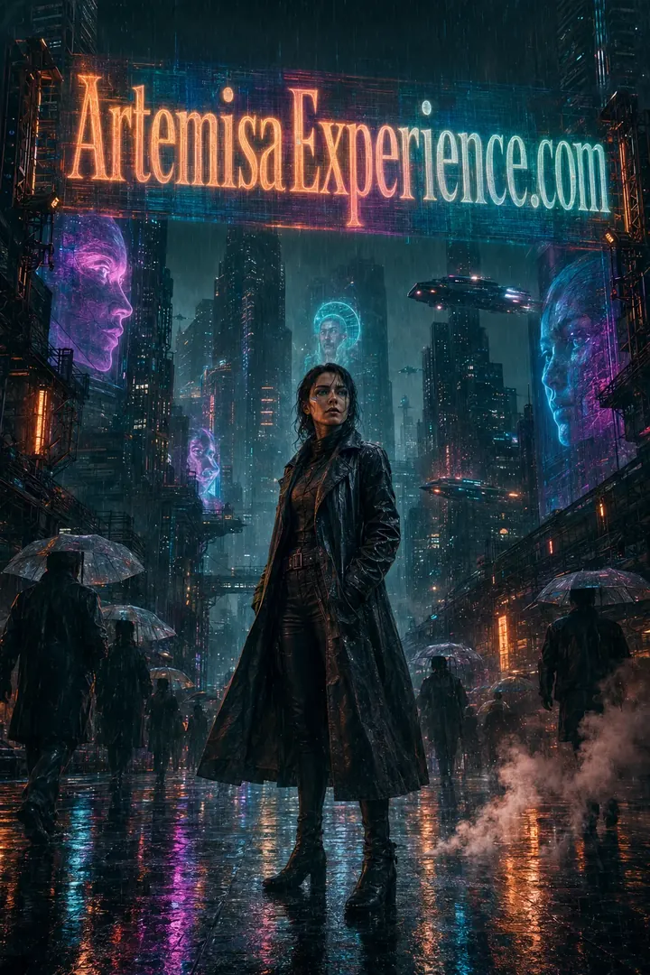 Woman in a trench coat walking through a rainy cyberpunk city with neon lights and ArtemisaExperience.com