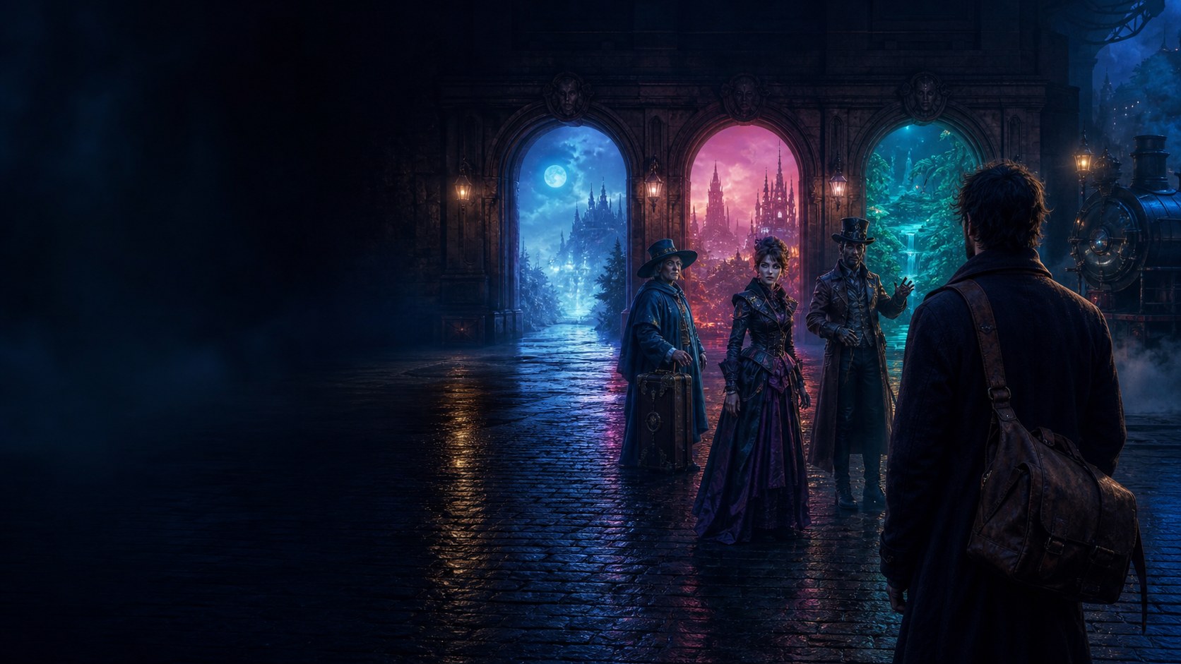 A traveler meeting original AI characters before three gateways to interactive fantasy worlds
