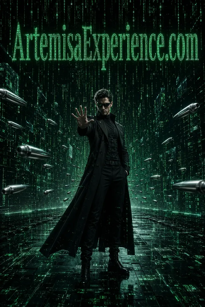 Person wearing a coat walking through a green code rain beneath the ArtemisaExperience.com banner