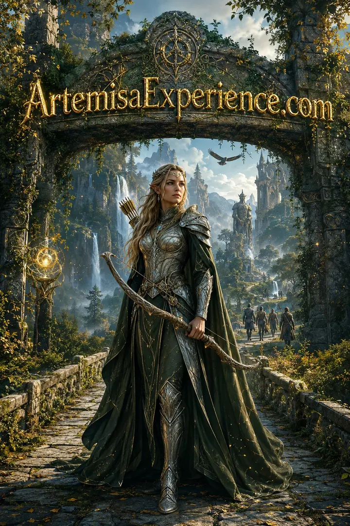 Fantastical warrior beneath a magical forest arch with ArtemisaExperience.com