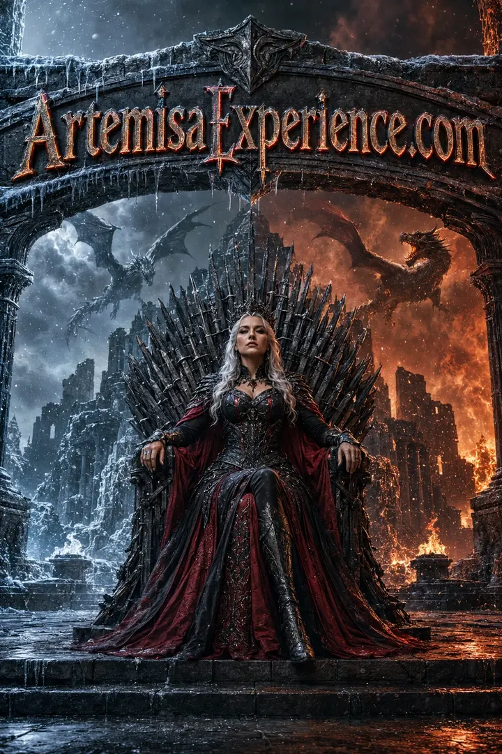 A dark fantasy queen seated on a throne between ice and fire, with dragons in the background, ArtemisaExperience.com mark