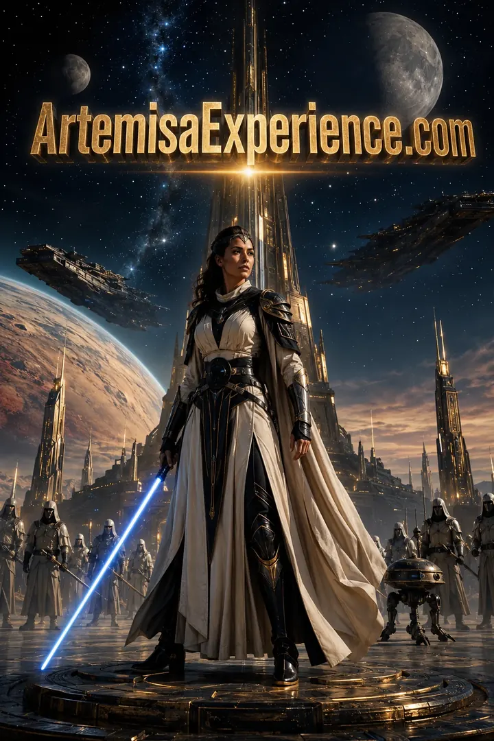 Space princess holding a light sword among planets and orbital towers, with ArtemisaExperience.com logo
