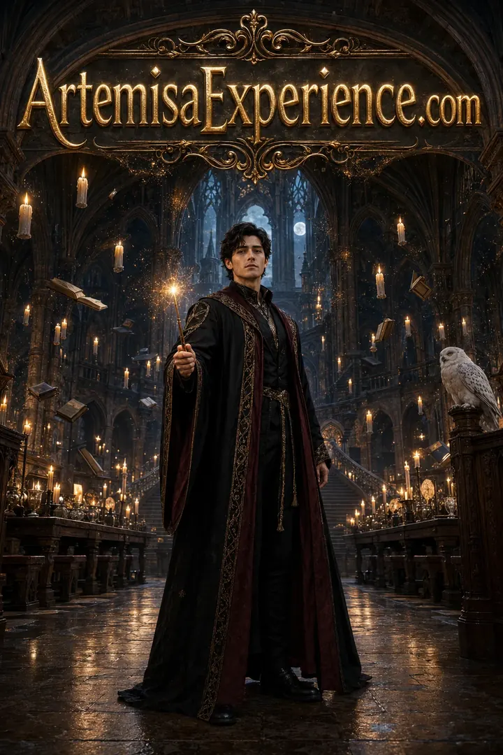 Young mage in a grand academy illuminated by floating candles with the label ArtemisaExperience.com.
