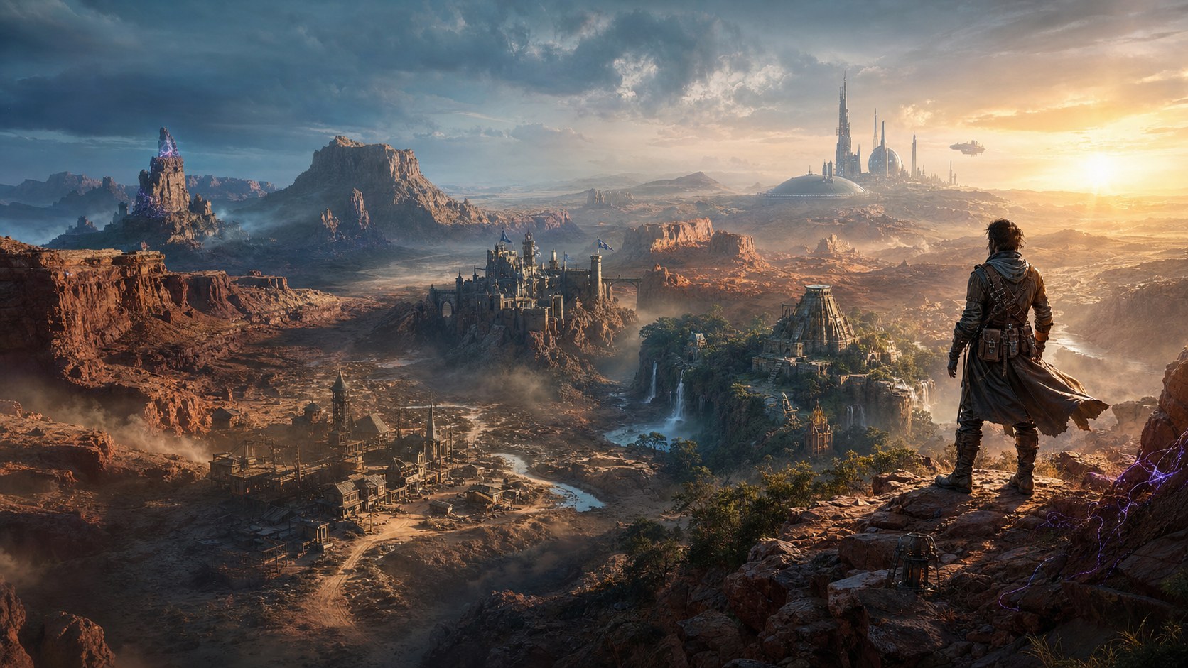 An explorer overlooking one continuous AI world with frontier, fantasy, jungle and science-fiction regions