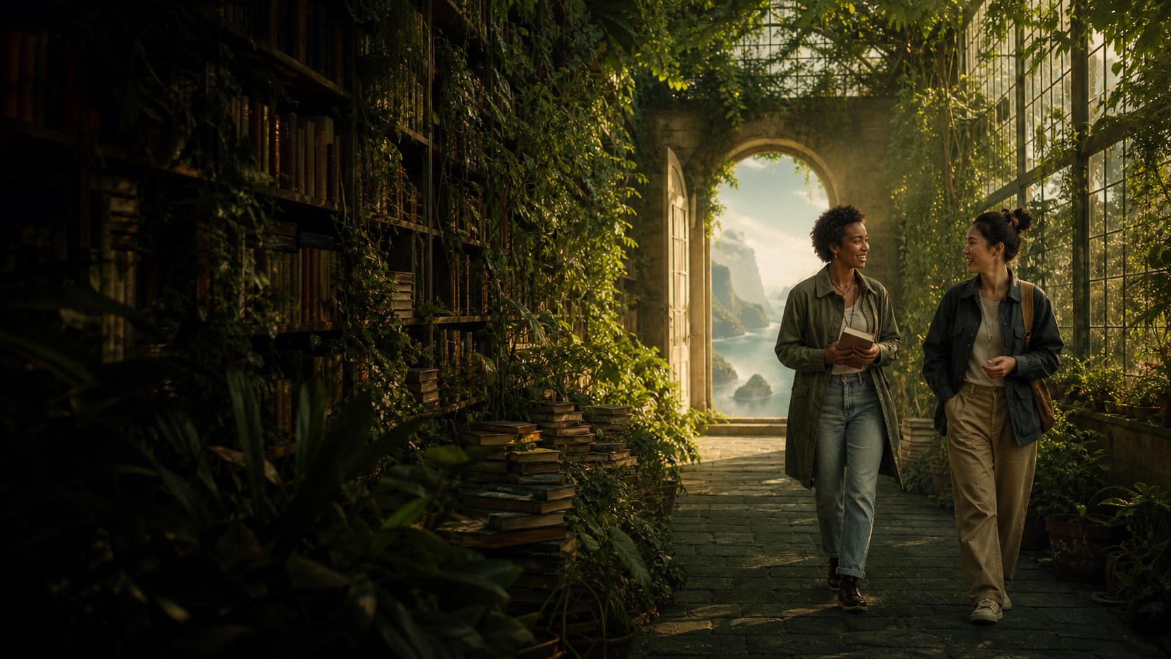 Two adult friends walking through a greenhouse library that opens onto an impossible coast