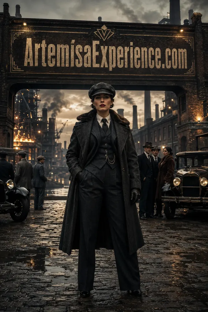 Detective noir standing in an industrial street filled with smoke, with the ArtemisaExperience.com sign visible