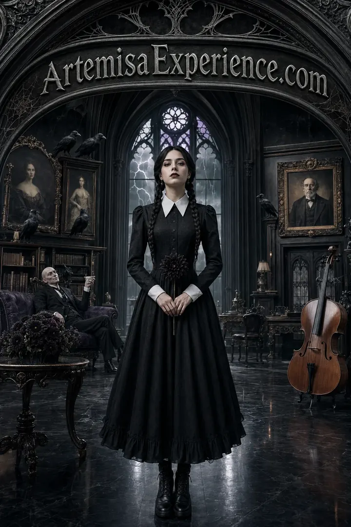 A young gothic woman waits in a dark mansion filled with portraits, shadows, and an abandoned instrument. The scene sets the stage for a family mystery, inherited secrets, and conversations with the house's spirits.