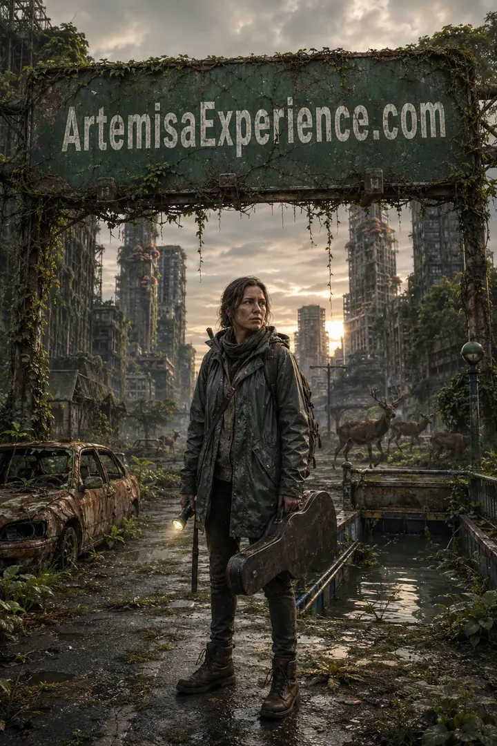 Survivor with guitar in a post-apocalyptic city covered in vegetation under the ArtemisaExperience.com banner.