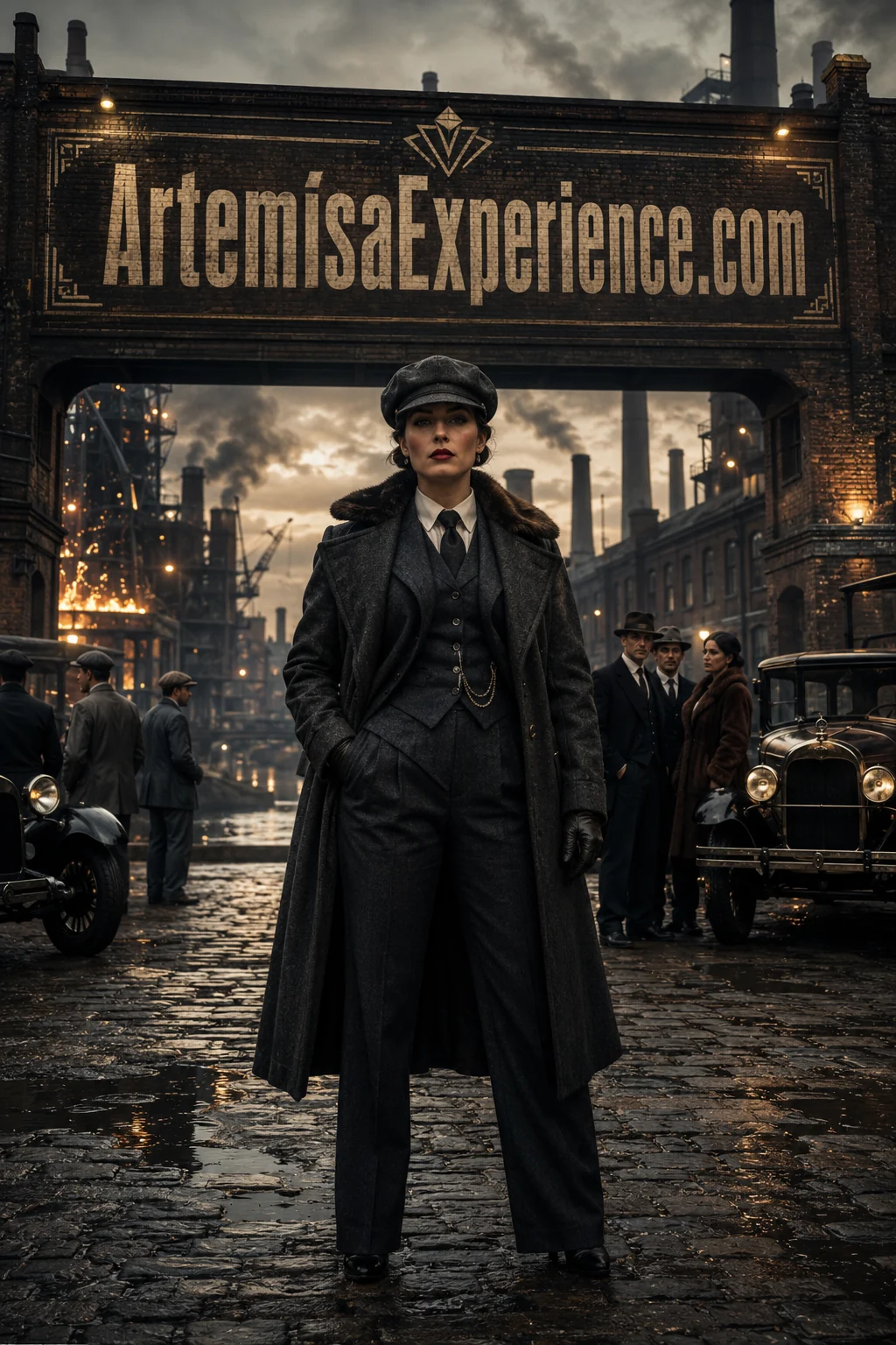 Detective noir en una calle industrial con humo y el rótulo ArtemisaExperience.com